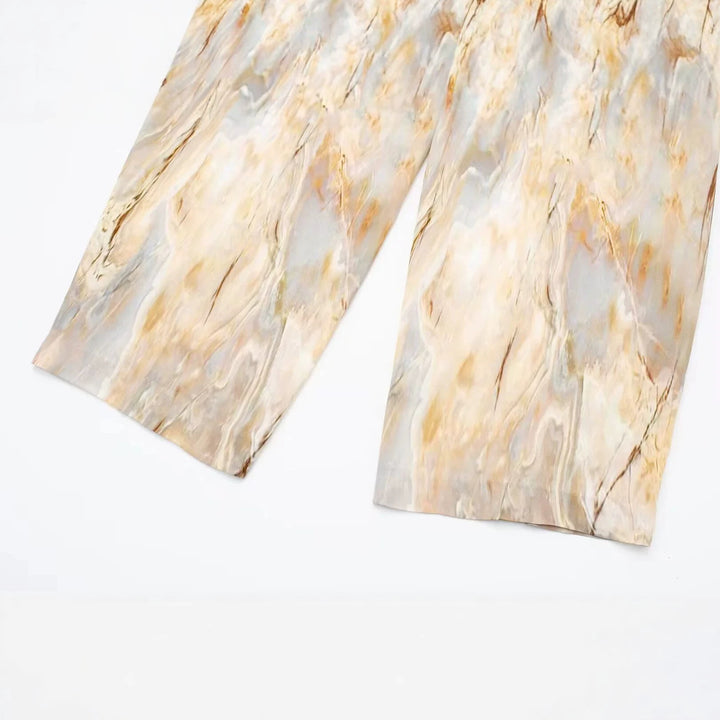 Damen weite Palazzo-Hose mit hohem Bund und marmoriertem Druck – Avélisse