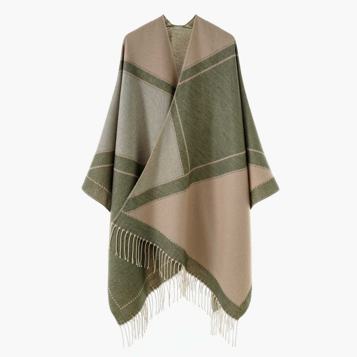 Damen Wendbarer Strickcape-Poncho mit Fransen und kontrastierenden Streifen – Avérine