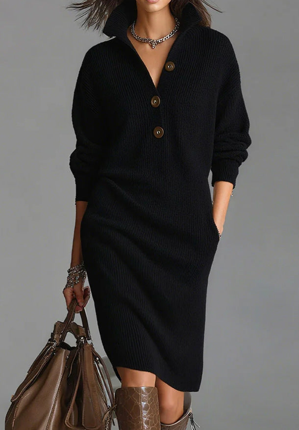 Damen nan gestricktes Pulloverkleid mit Polokragen, Eingrifftaschen und lässiger Passform Echo Archiv