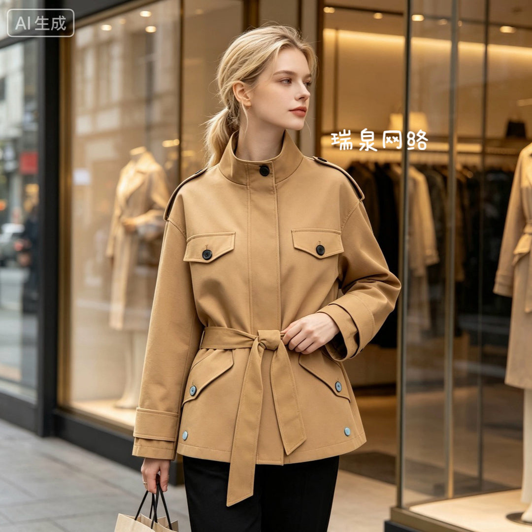 Damen Kurze Utility-Jacke mit Taillengürtel und Schulterklappen Echoarchiv