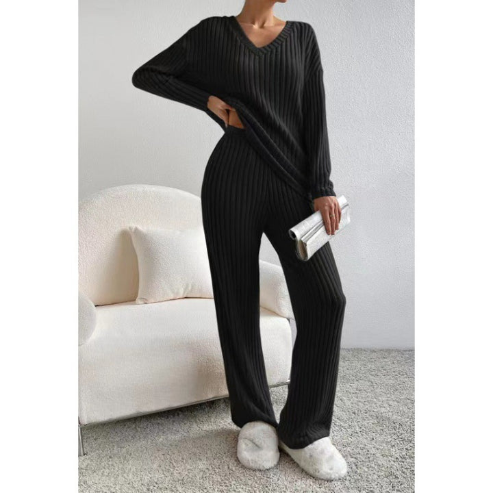 Damen Gemütliches Rippstrick-Loungewear-Set mit V-Ausschnitt und weitem Bein Echo Archiv