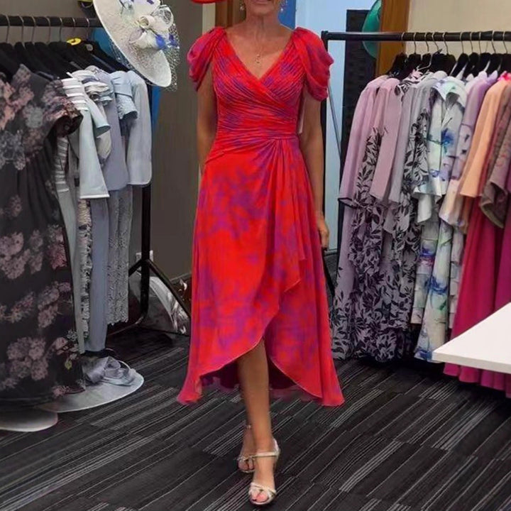 Damen nan festliches Chiffon-Midikleid mit gekreuztem V-Ausschnitt, taillenraffung und asymmetrischem Tulpenrock Echo Archiv