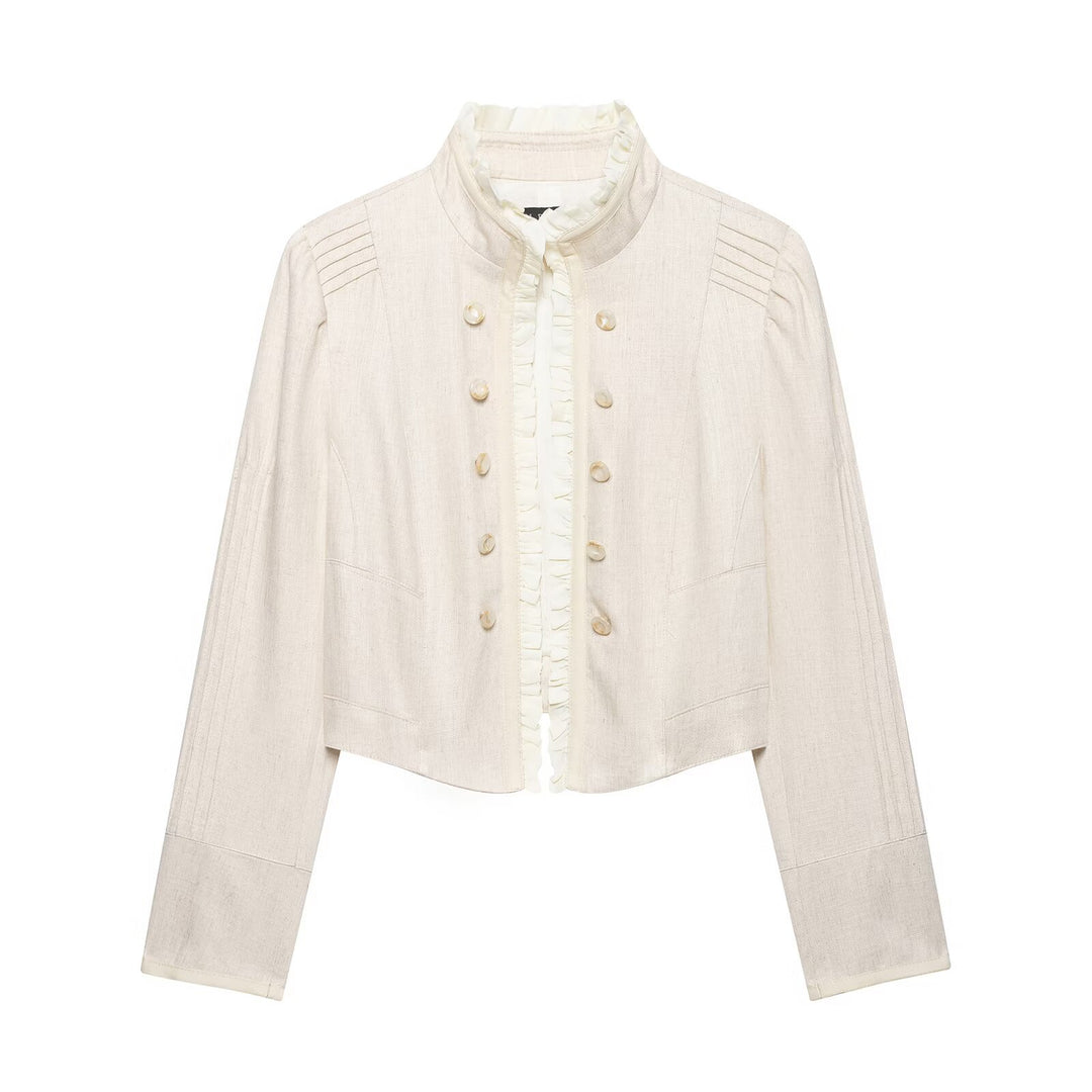 Damen Cropped-Jacke aus Leinenmix mit Stehkragen, Zierknopfleiste und Rüschendetail Echo Archiv