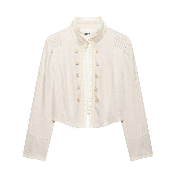 Damen Cropped-Jacke aus Leinenmix mit Stehkragen, Zierknopfleiste und Rüschendetail Echo Archiv