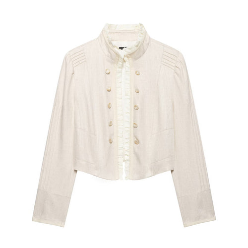 Damen Cropped-Jacke aus Leinenmix mit Stehkragen, Zierknopfleiste und Rüschendetail Echo Archiv