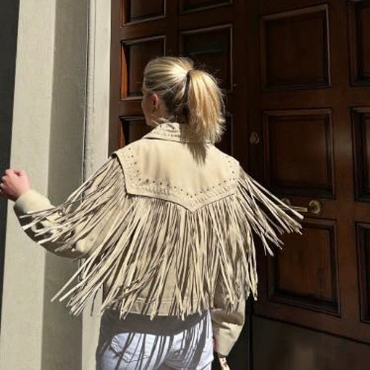 Damen Kurzfransen-Suedejacke im Westernstil mit Ziernähten und Nieten Echoarchiv