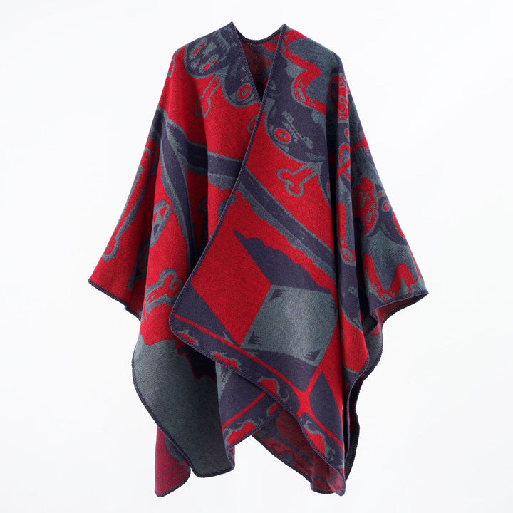 Damen Jacquard-Überwurfponcho mit musikalischem Ornament und Rollkante Echo Archiv