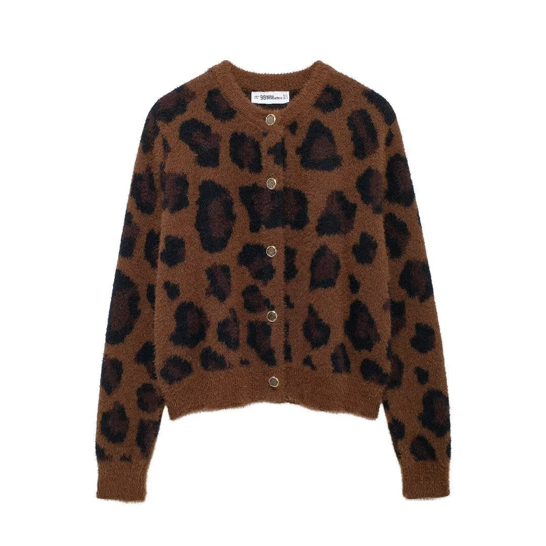 Damen nan kuschelige Strickjacke mit Leopardenmuster, Rundhalsausschnitt und durchgehender Knopfleiste Echo Archiv
