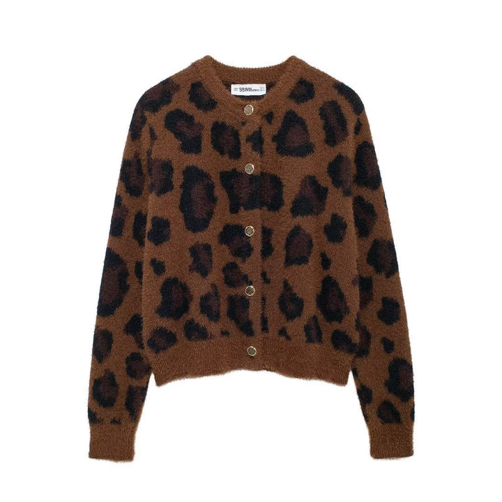 Damen nan kuschelige Strickjacke mit Leopardenmuster, Rundhalsausschnitt und durchgehender Knopfleiste Echo Archiv