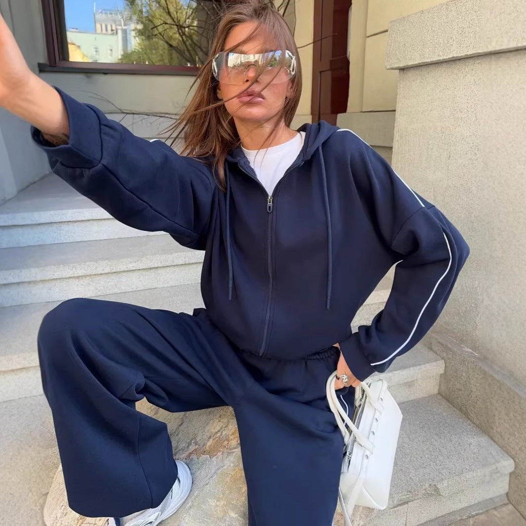 Damen lässiges Lounge-Set aus French-Terry mit Kurzzip-Hoodie und High-Waist Wide-Leg Jogginghose mit Kontrastpaspel – Avérine