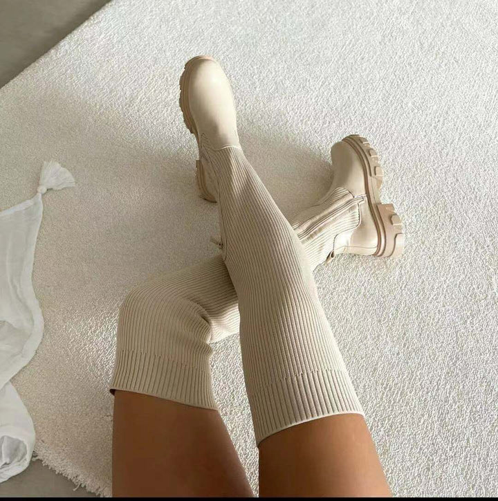 Damen nan überknielange Stiefel mit elastischem Strickschaft, seitlichem Reißverschluss und robuster Profilsohle Echo Archiv