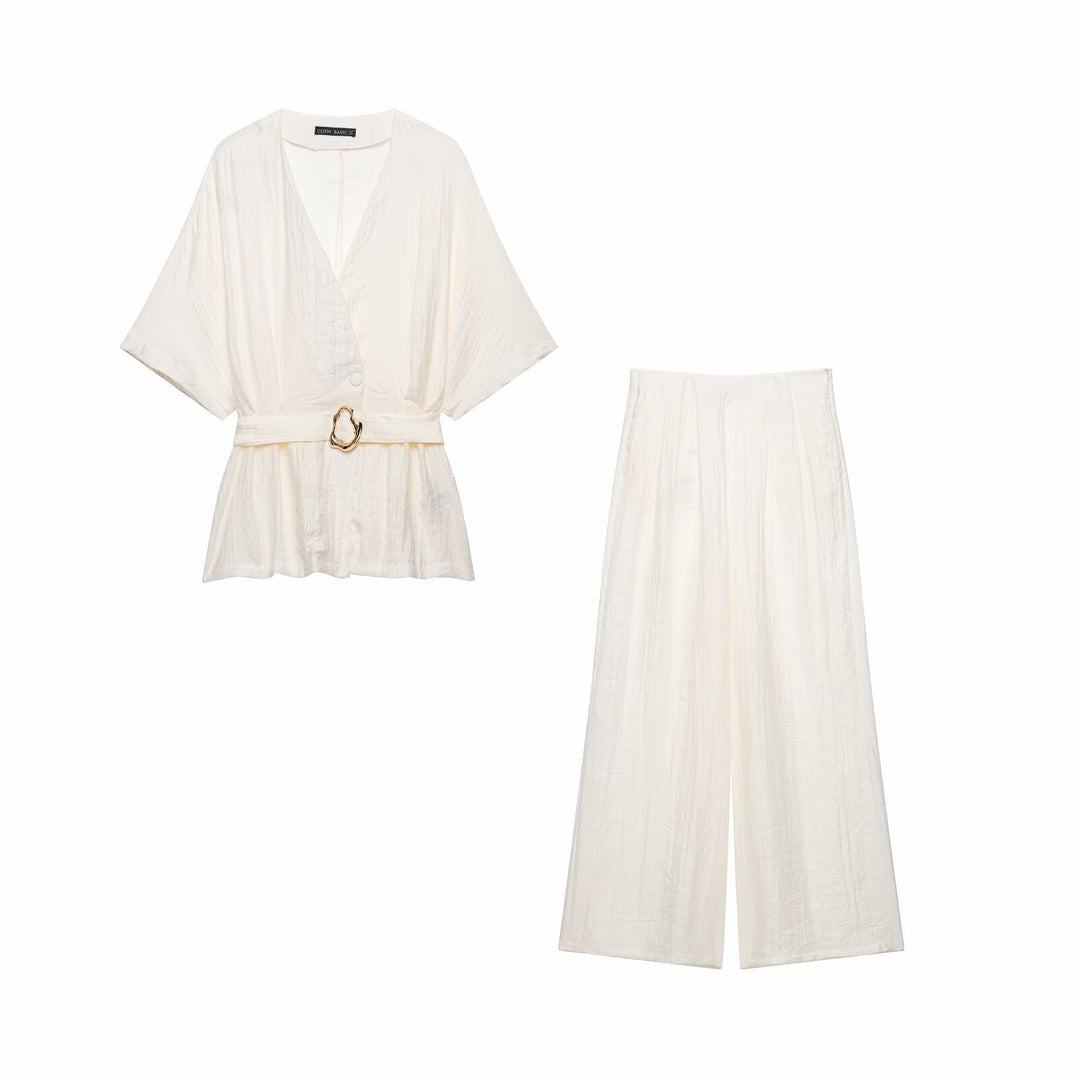 Damen Zweiteiler Kimono-Top mit Taillengürtel und weiter Bundfaltenhose Echo Archiv