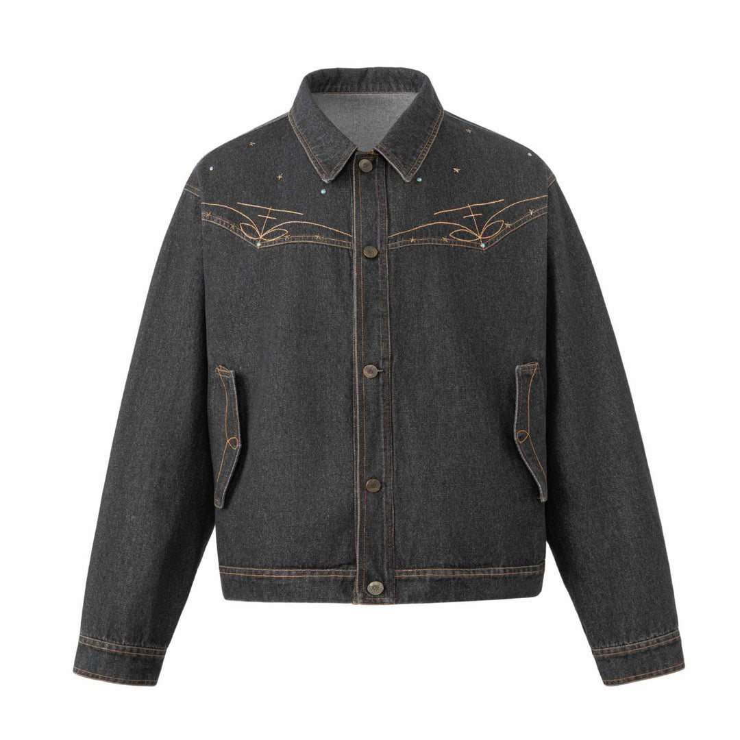 Unisex Boxy-Jeansblouson mit Sternstickerei und Ziernieten Echoarchiv