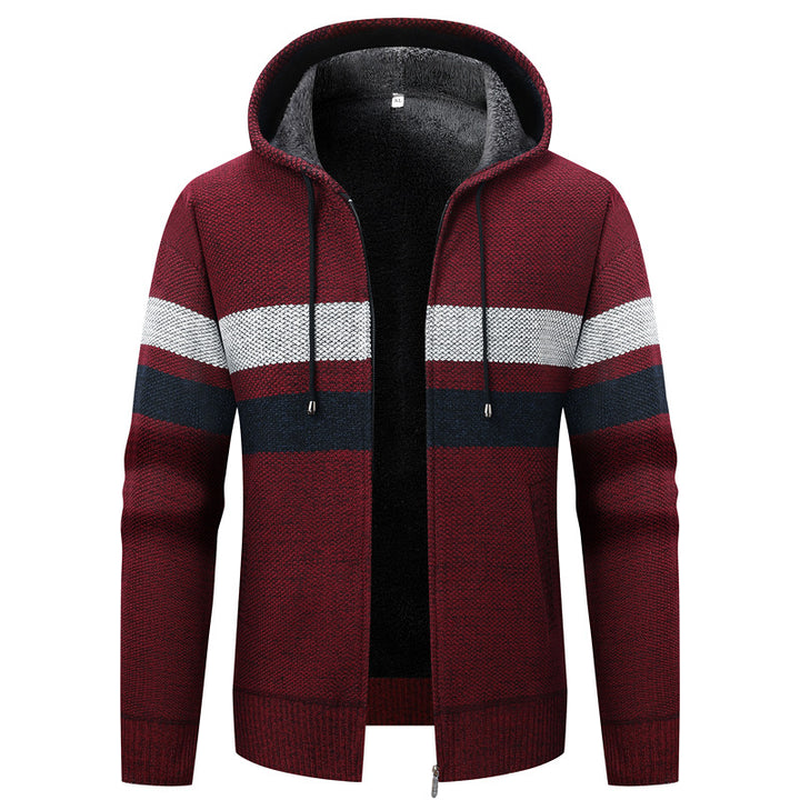 Herren Kapuzen-Strickjacke mit Teddyfutter, Reißverschluss und Kontraststreifen Echo Archiv