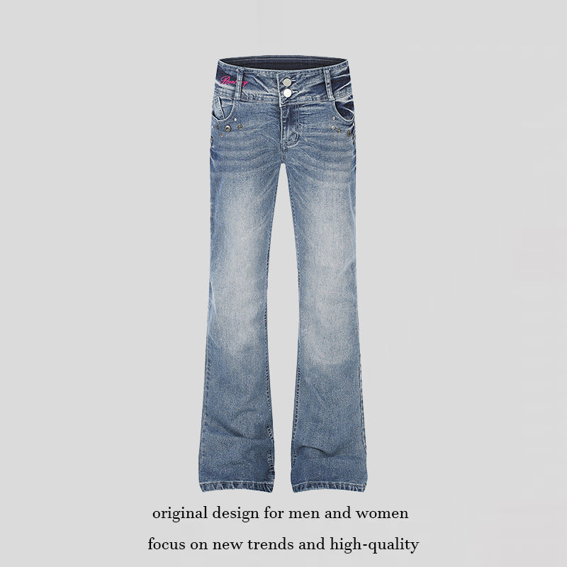 Damen High‑Waist Flared-Jeans mit weitem Bein, Doppelknopf und Nieten-Detail Echoarchiv