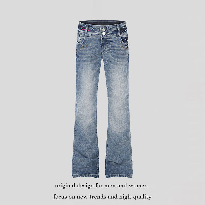 Damen High‑Waist Flared-Jeans mit weitem Bein, Doppelknopf und Nieten-Detail Echoarchiv