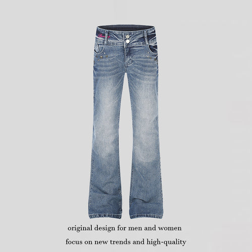Damen High‑Waist Flared-Jeans mit weitem Bein, Doppelknopf und Nieten-Detail Echoarchiv