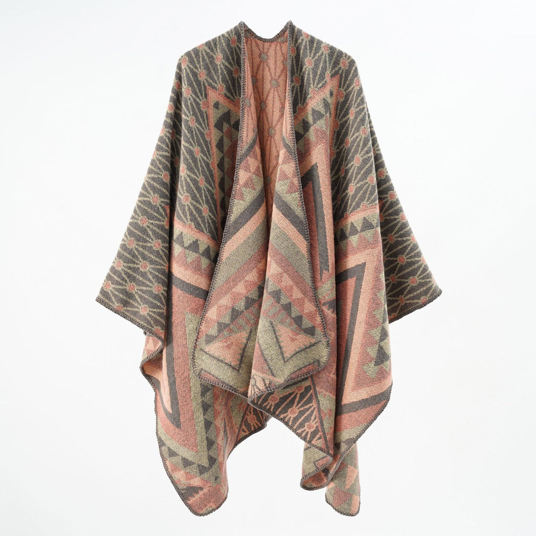 Damen Strukturiertes Jacquard-Poncho-Überwurf mit grafischem Ethno-Muster und offenem Kimono-Fall – Célinea