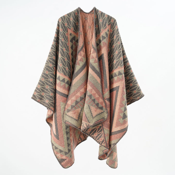 Damen Strukturiertes Jacquard-Poncho-Überwurf mit grafischem Ethno-Muster und offenem Kimono-Fall – Célinea