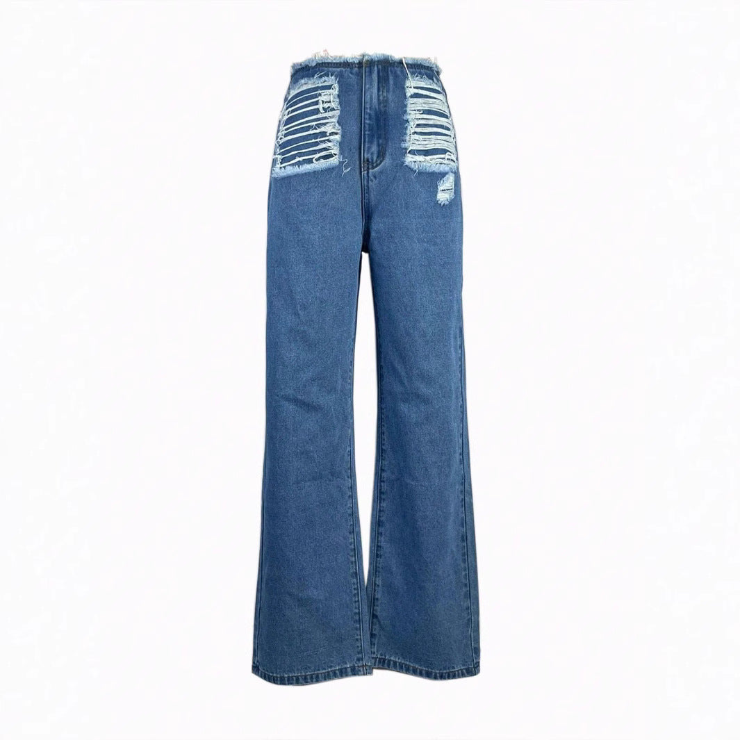 Damen hochgeschnittene weite Jeanshose aus Denim mit stark zerstörter Front und rohem Bund Echo Archiv