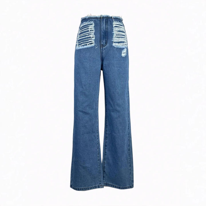 Damen hochgeschnittene weite Jeanshose aus Denim mit stark zerstörter Front und rohem Bund Echo Archiv