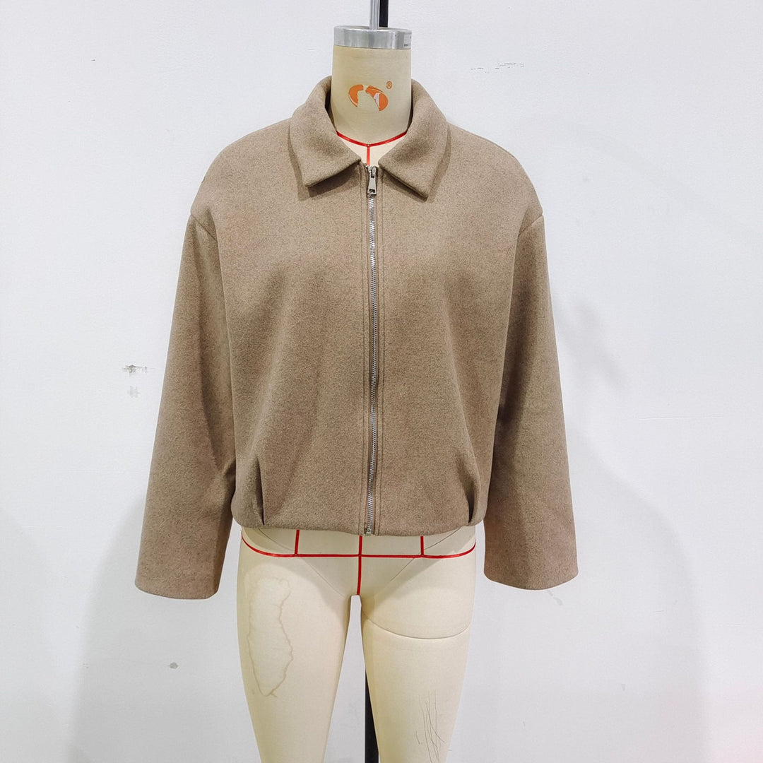 Damen kastig geschnittene Wolloptik-Übergangsjacke mit Hemdkragen und verdecktem Reißverschluss – Célinea