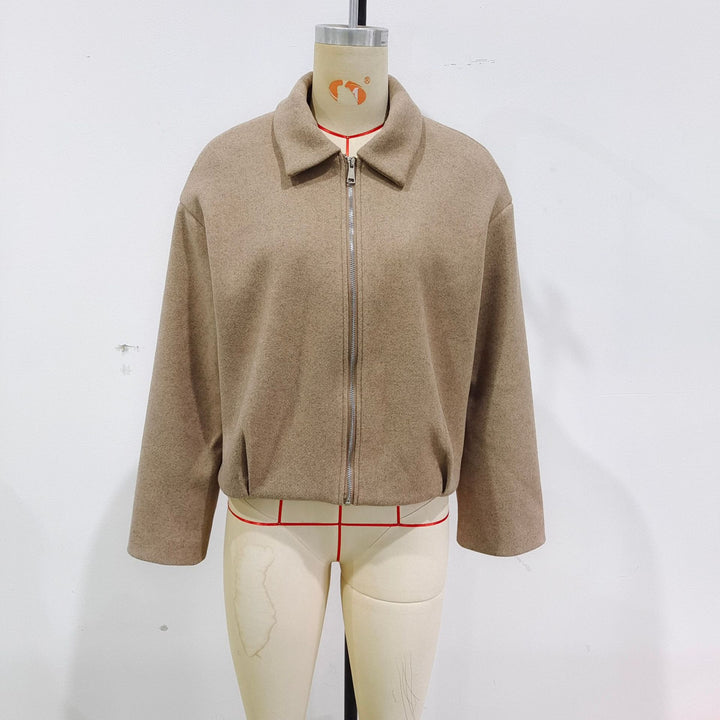 Damen kastig geschnittene Wolloptik-Übergangsjacke mit Hemdkragen und verdecktem Reißverschluss – Célinea