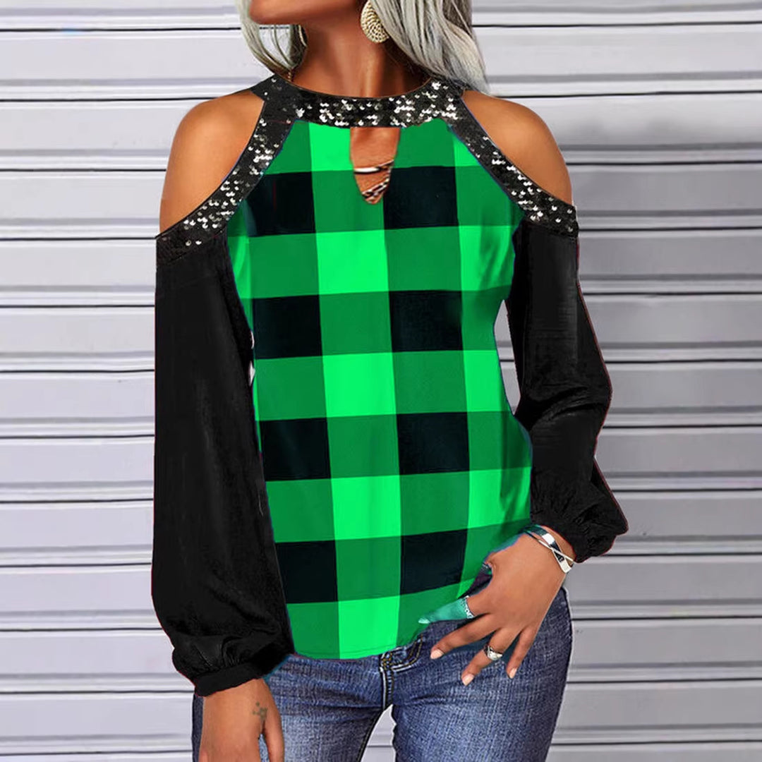 Damen Off-Shoulder kariertes Bluse mit Paillettenbesatz und langen Ballonärmeln – Élovi
