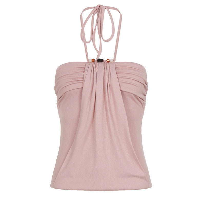 Damen Spaghetti-Trägertop mit eleganter Drapierung und dekorativen Perlen Echo Archiv