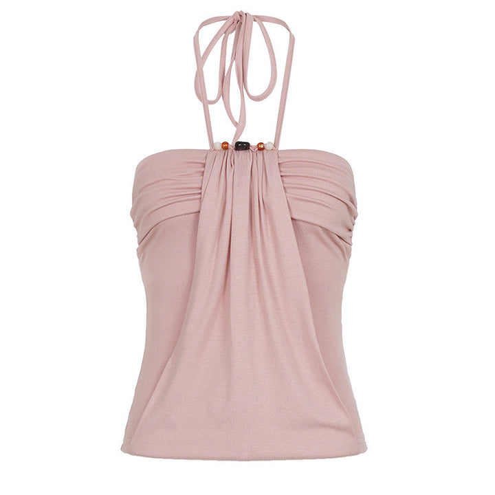 Damen Spaghetti-Trägertop mit eleganter Drapierung und dekorativen Perlen Echo Archiv