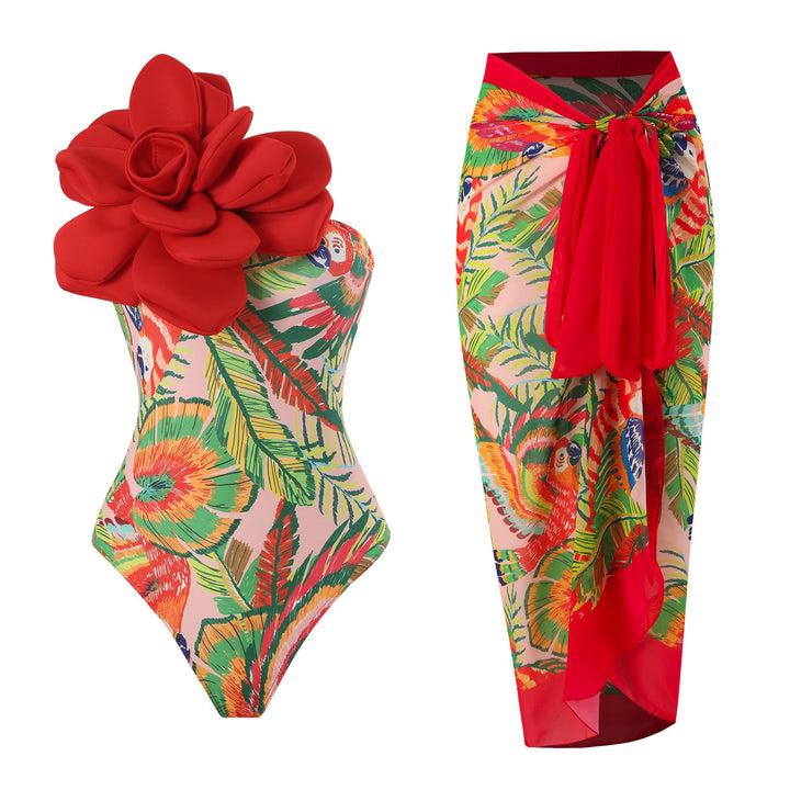 Damen Eleganter Badeanzug mit großem Blumen-Detail und transparentem Überrock Echo Archiv