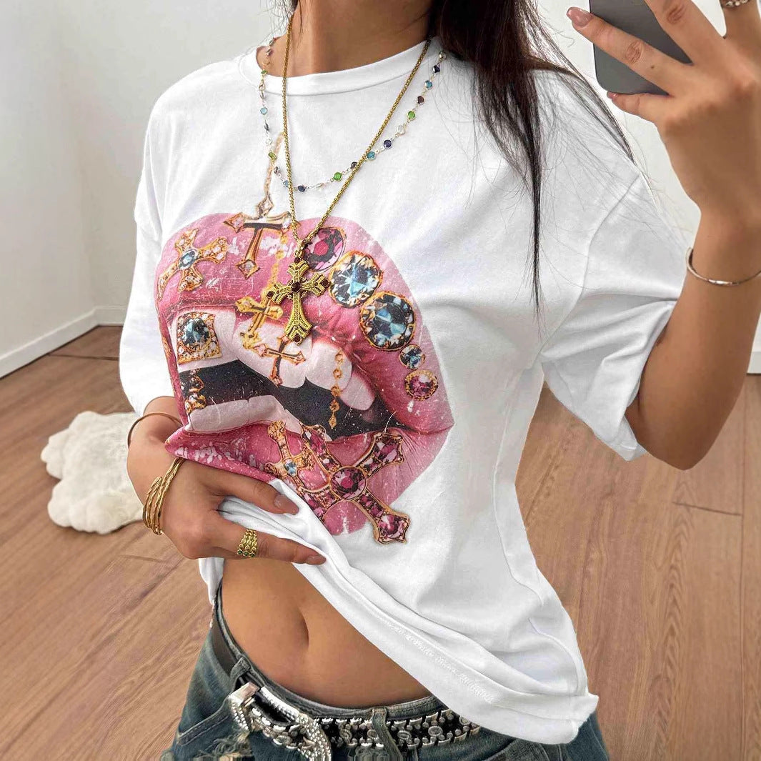 Damen Oversized T-Shirt mit kreativem Lippen- und Schmuckdesign Echo Archiv