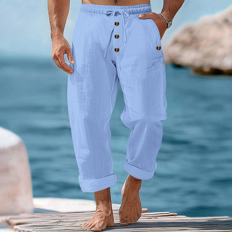 Herren nan lockere Leinen-Baumwoll-Hose mit elastischem Bund, Kordelzug und aufgekrempeltem Saum Echo Archiv
