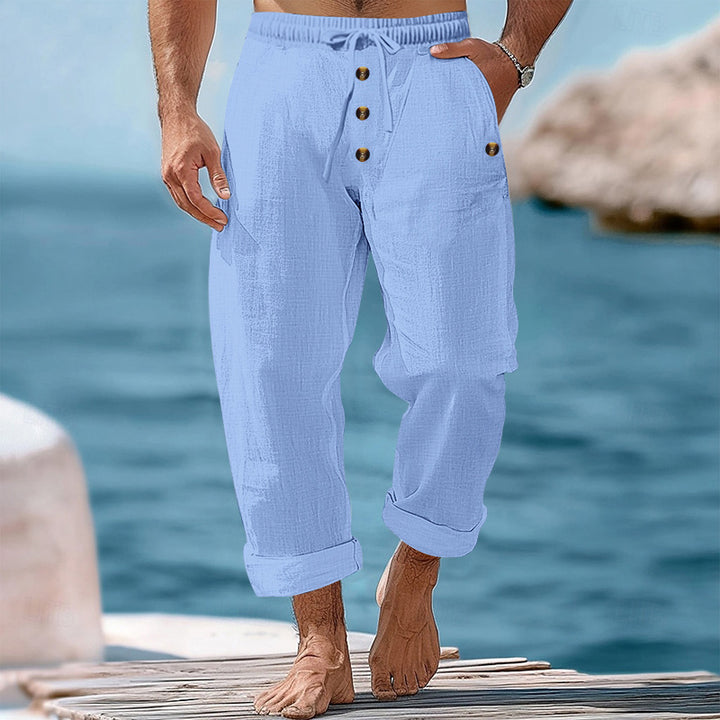 Herren nan lockere Leinen-Baumwoll-Hose mit elastischem Bund, Kordelzug und aufgekrempeltem Saum Echo Archiv