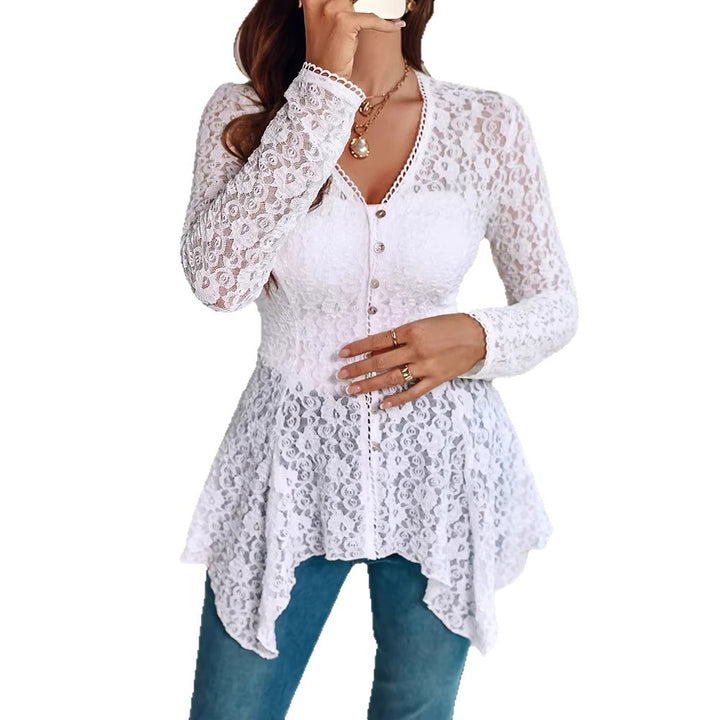 Damen romantische Spitzenbluse mit asymmetrischem Saum und Knopfdetails Echo Archiv