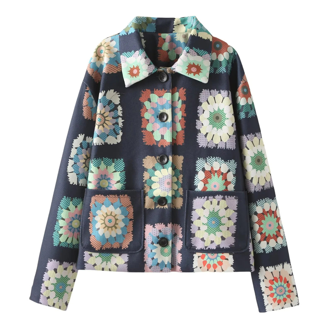 Damen nan gemusterte kurze Boxy-Jacke mit floralen Patchwork-Quadraten Echo Archiv