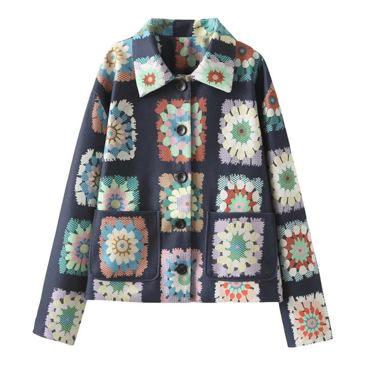 Damen nan gemusterte kurze Boxy-Jacke mit floralen Patchwork-Quadraten Echo Archiv