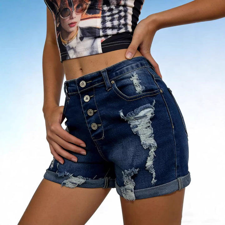 Damen modische Destroyed Denim-Shorts mit Knopfleiste Echo Archiv
