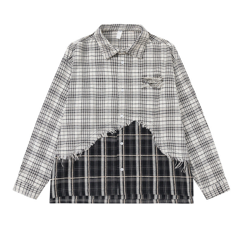 Unisex Oversize-Hemdjacke mit Lagenlook, ausgefranstem Saum und Karomix Echoarchiv