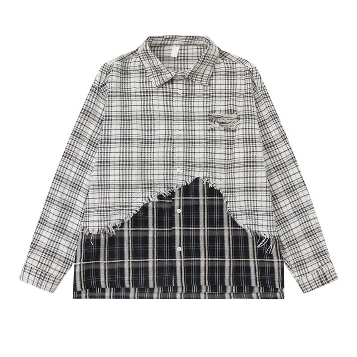 Unisex Oversize-Hemdjacke mit Lagenlook, ausgefranstem Saum und Karomix Echoarchiv