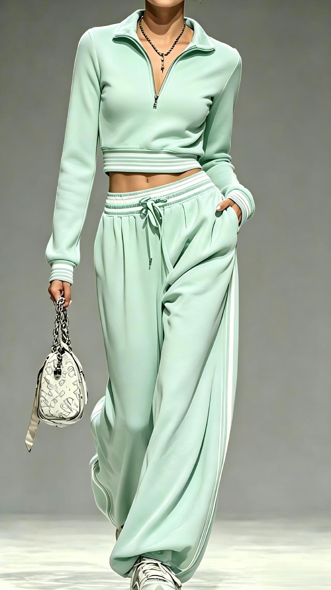Damen Cropped-Trainingsset mit halbem Reißverschlusskragen und weitem Bundfalten-Jogger Echoarchiv