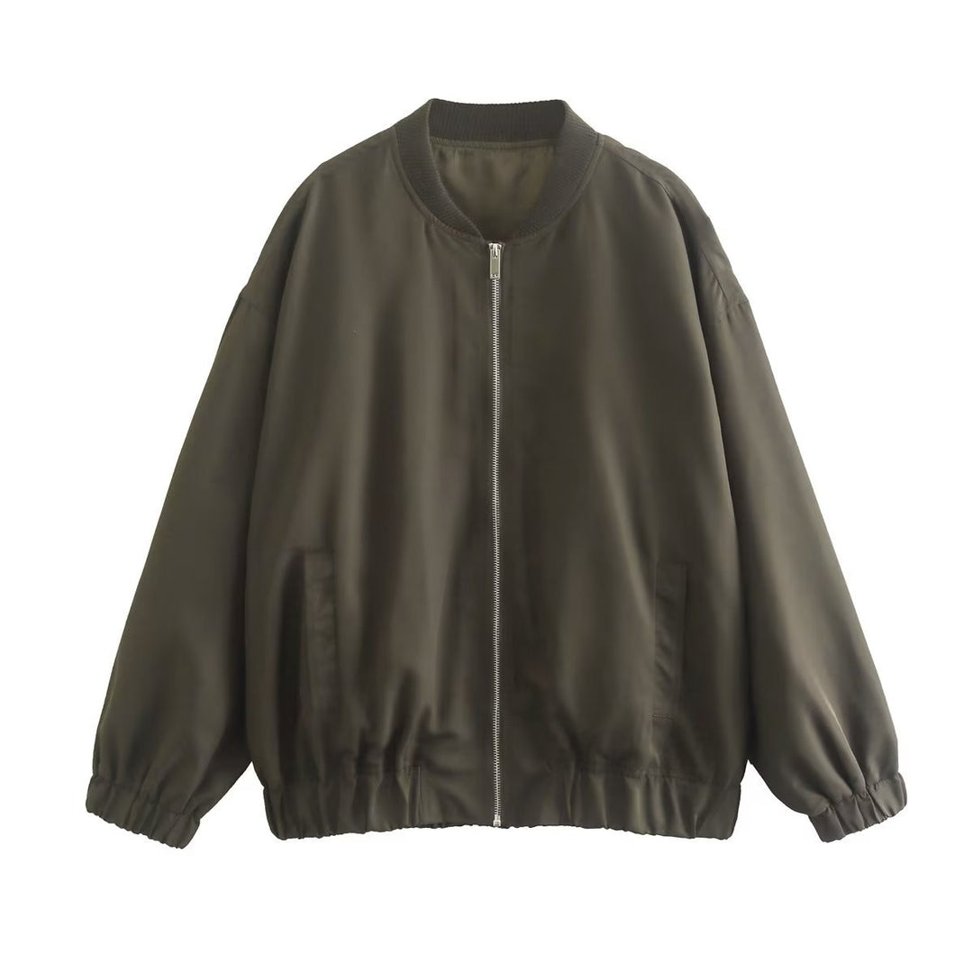 Unisex leichter Oversize-Bomber mit durchgehendem Metallreißverschluss geripptem Kragen und elastischem Saum – Brevano