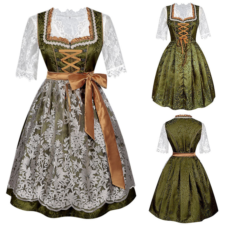 Damen nan traditionelles Dirndlkleid mit Spitzenbluse und bestickter Schürze Echo Archiv