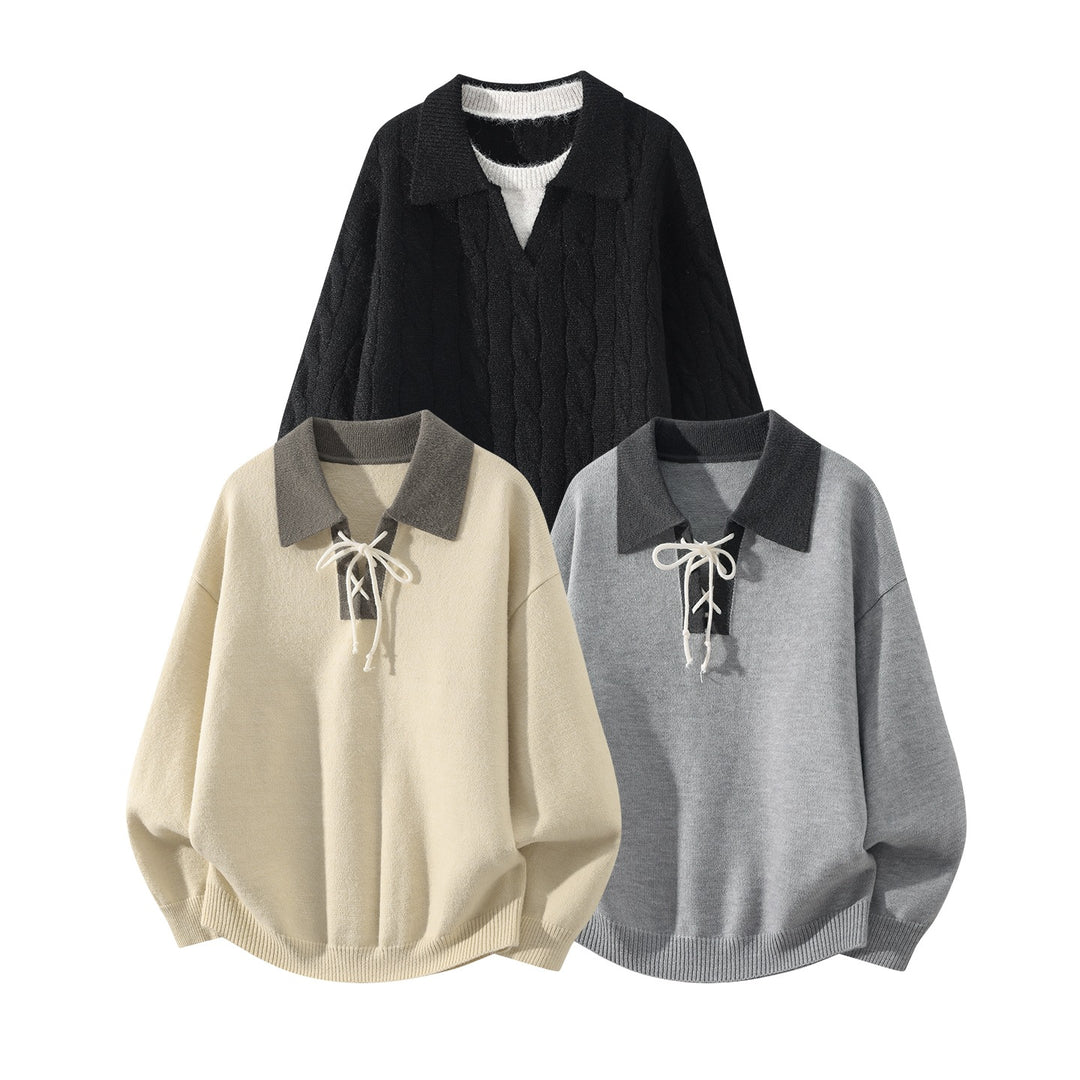 Herren Oversize Strickpullover mit Hemdkragen, Kordelhalsschließe & gerippten Abschlüssen Echoarchiv