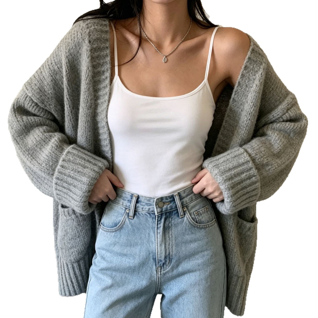 Damen Langer Offener Grobstrick-Cardigan mit aufgesetzten Taschen und gerippten Bündchen – Veloura