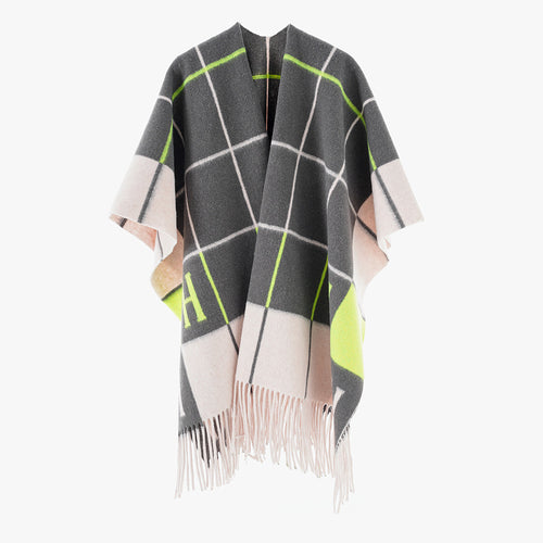 Damen Oversize-Überwurf aus Wollmix mit Monogramm-Karomuster und Fransensaum Echo Archiv