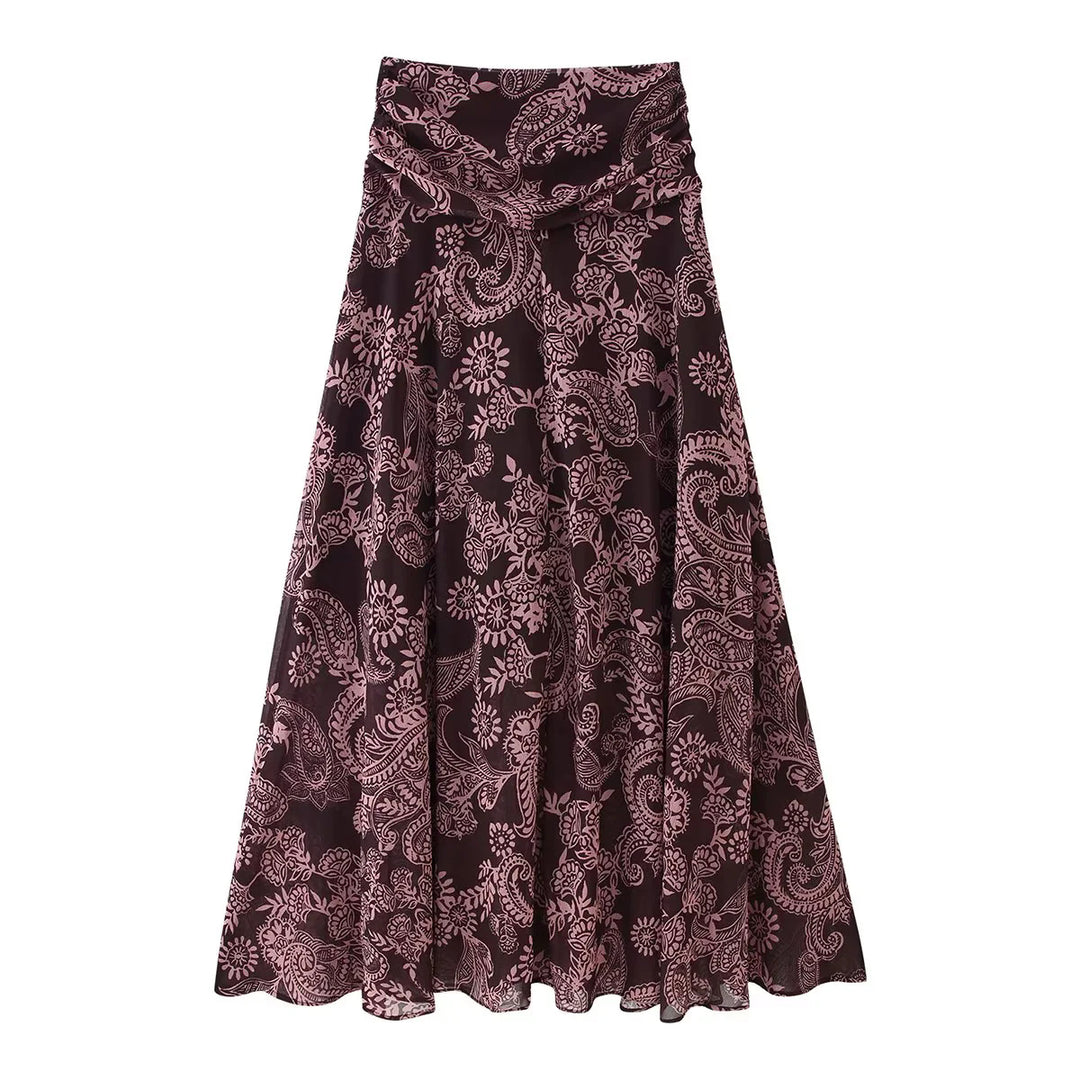 Damen ausgestellter Maxirock mit hoher Taillenpartie, Drapé-Bund und Paisley-Print – Valéora