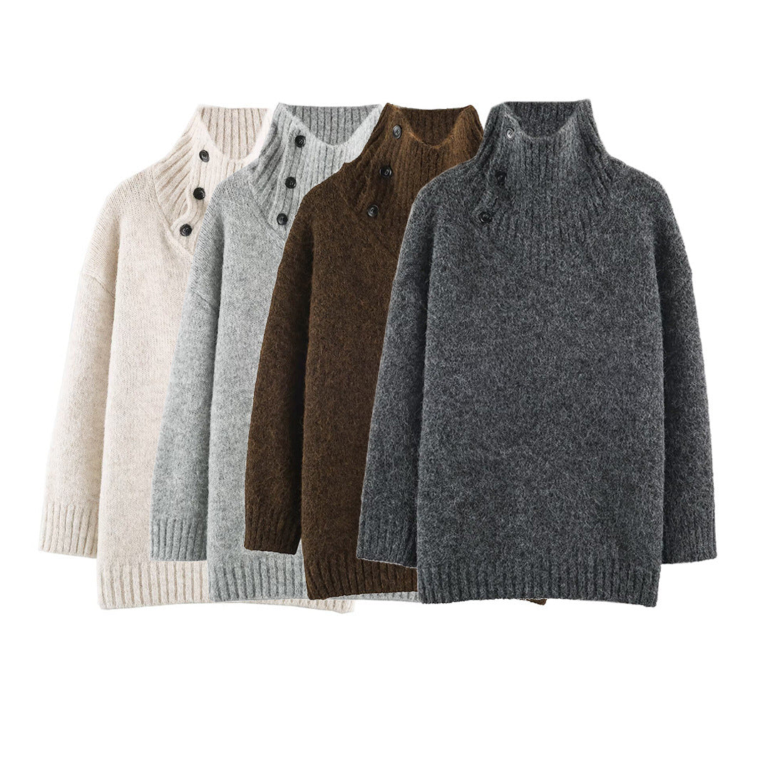Damen Oversized Strickpullover mit hohem Rippkragen, Knopfdetail und V‑Ausschnitt Echoarchiv