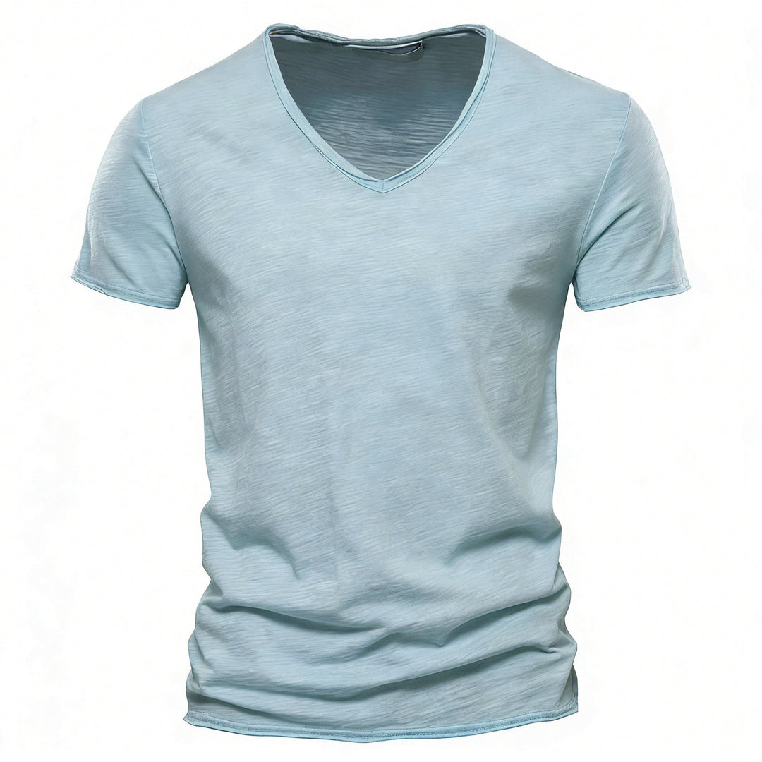 Herren nan leichtes Baumwolljersey Kurzarmshirt mit V-Ausschnitt und schmaler Passform Echo Archiv