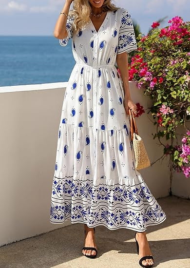 Damen Boho Maxikleid mit floralen Prints und Taillengürtel Echo Archiv